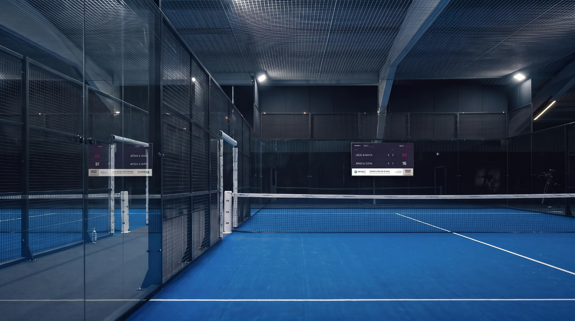Padel-Court in der Halle mit SCORE?-Board, das den Live-Spielstand zeigt