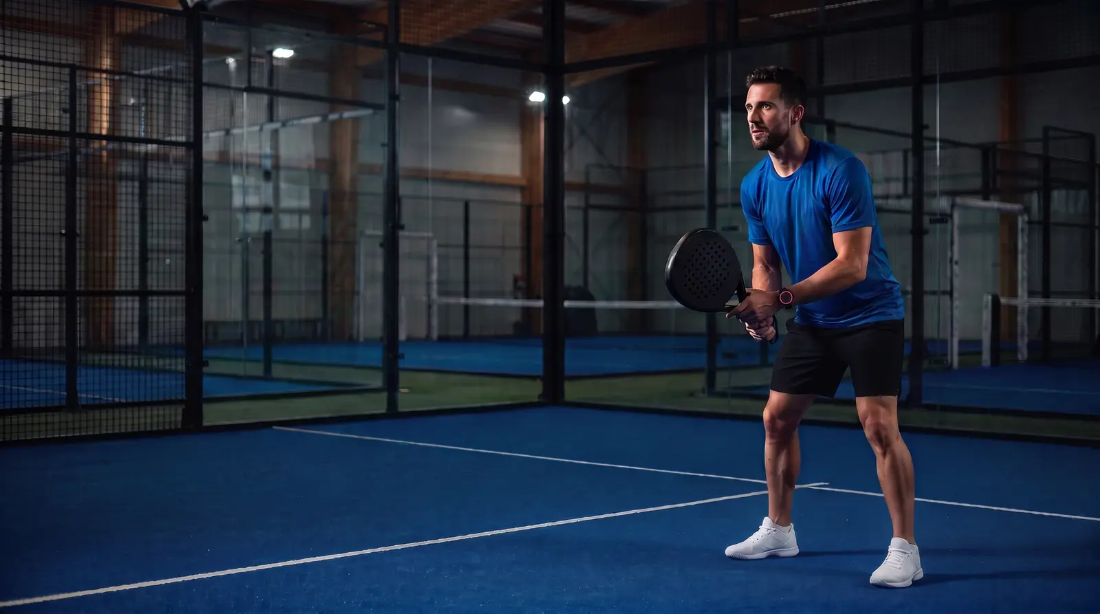 Padel-Spieler in Abwehrhaltung auf einem dunklen Hallenplatz