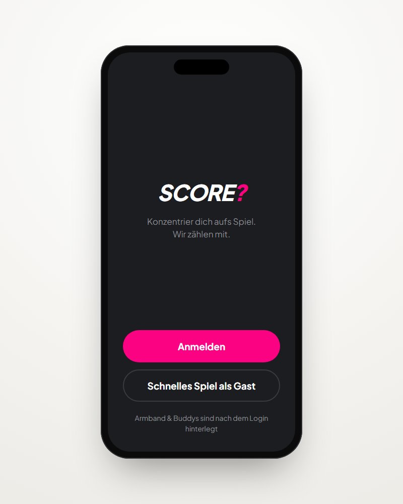 Beispielbild: Startbildschirm der SCORE?-App mit Anmelden und Gastspiel